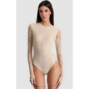 Alice + Olivia Taeyn Cream Floral Lace Mock Neck Bodysuit Long Sleeve Small